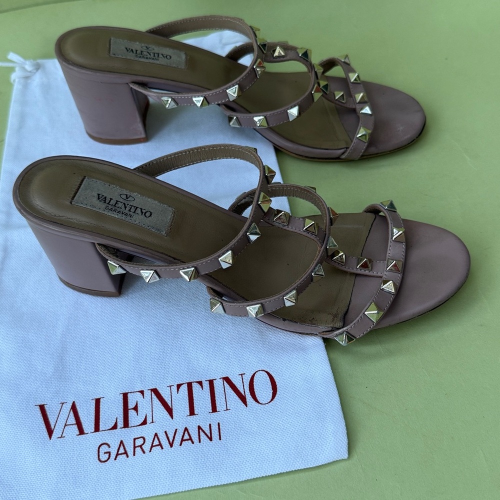 Valentino Garavani Dusty Pink Sandals with Gold Accents and Chunky Heel - Picture 9 of 15